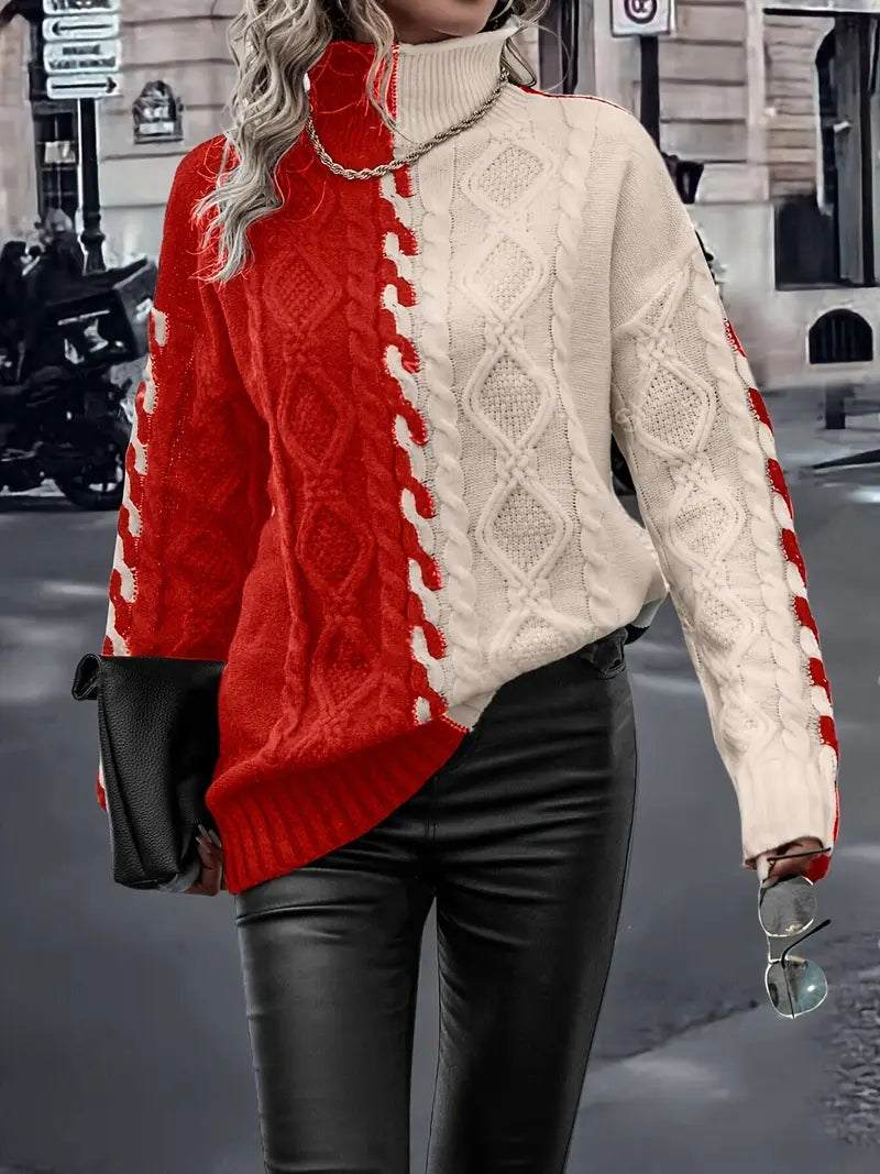Pull Tricoté Bicolore à Col Haut
