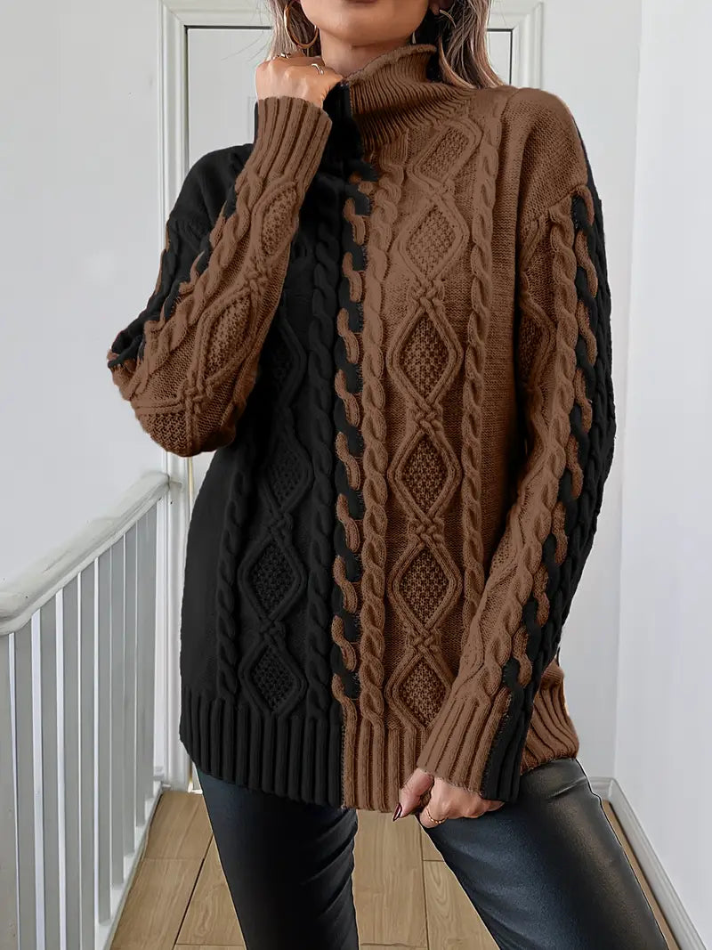 Pull Tricoté Bicolore à Col Haut
