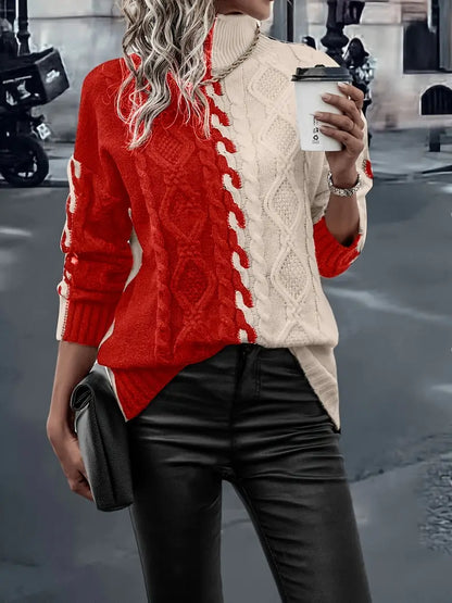 Pull Tricoté Bicolore à Col Haut