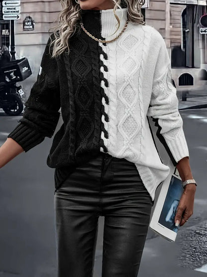 Pull Tricoté Bicolore à Col Haut