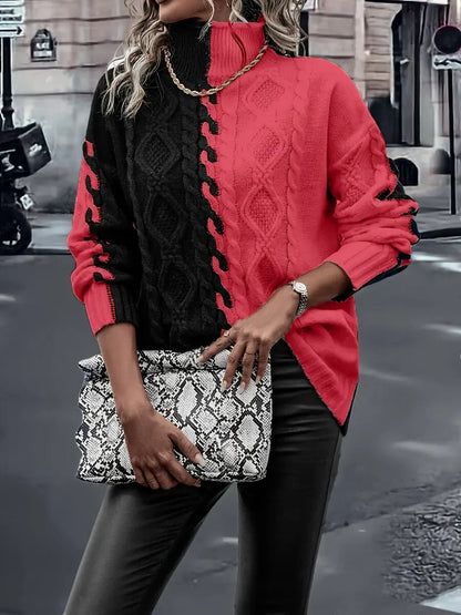 Pull Tricoté Bicolore à Col Haut