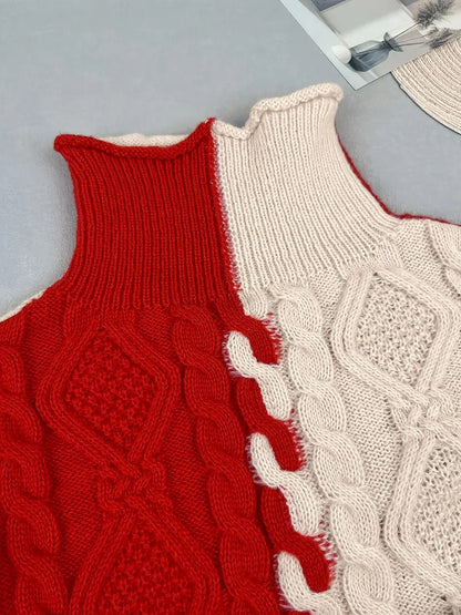 Pull Tricoté Bicolore à Col Haut