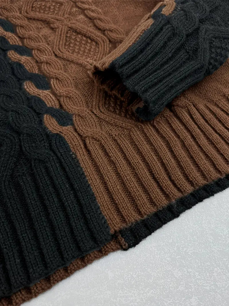 Pull Tricoté Bicolore à Col Haut