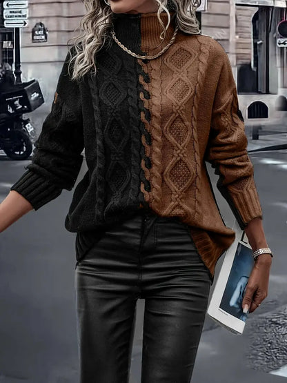 Pull Tricoté Bicolore à Col Haut