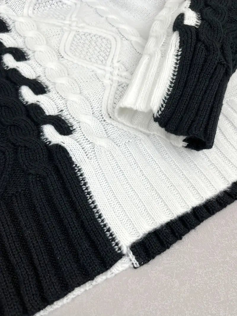 Pull Tricoté Bicolore à Col Haut