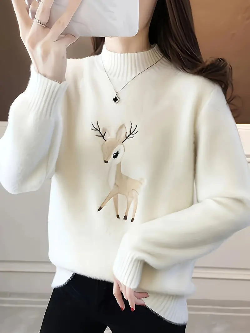 Pull Douillet Motif Cerf avec Col Montant