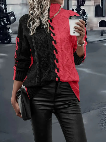 Pull Tricoté Bicolore à Col Haut