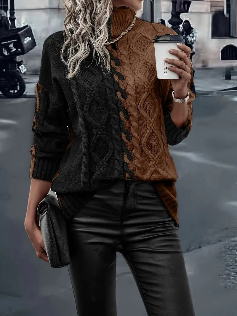 Pull Tricoté Bicolore à Col Haut