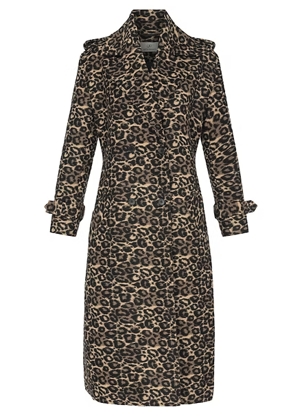 Trench mi-long à imprimé léopard avec épaulettes et ceinture